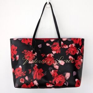 Victoria's Secret Black Leather Tote with Red Roses Floral Pattern VS